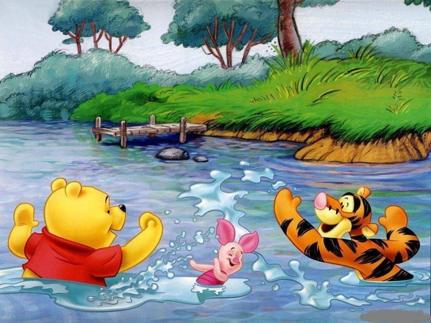 Disney Winnie The Pooh Playing In The River Background