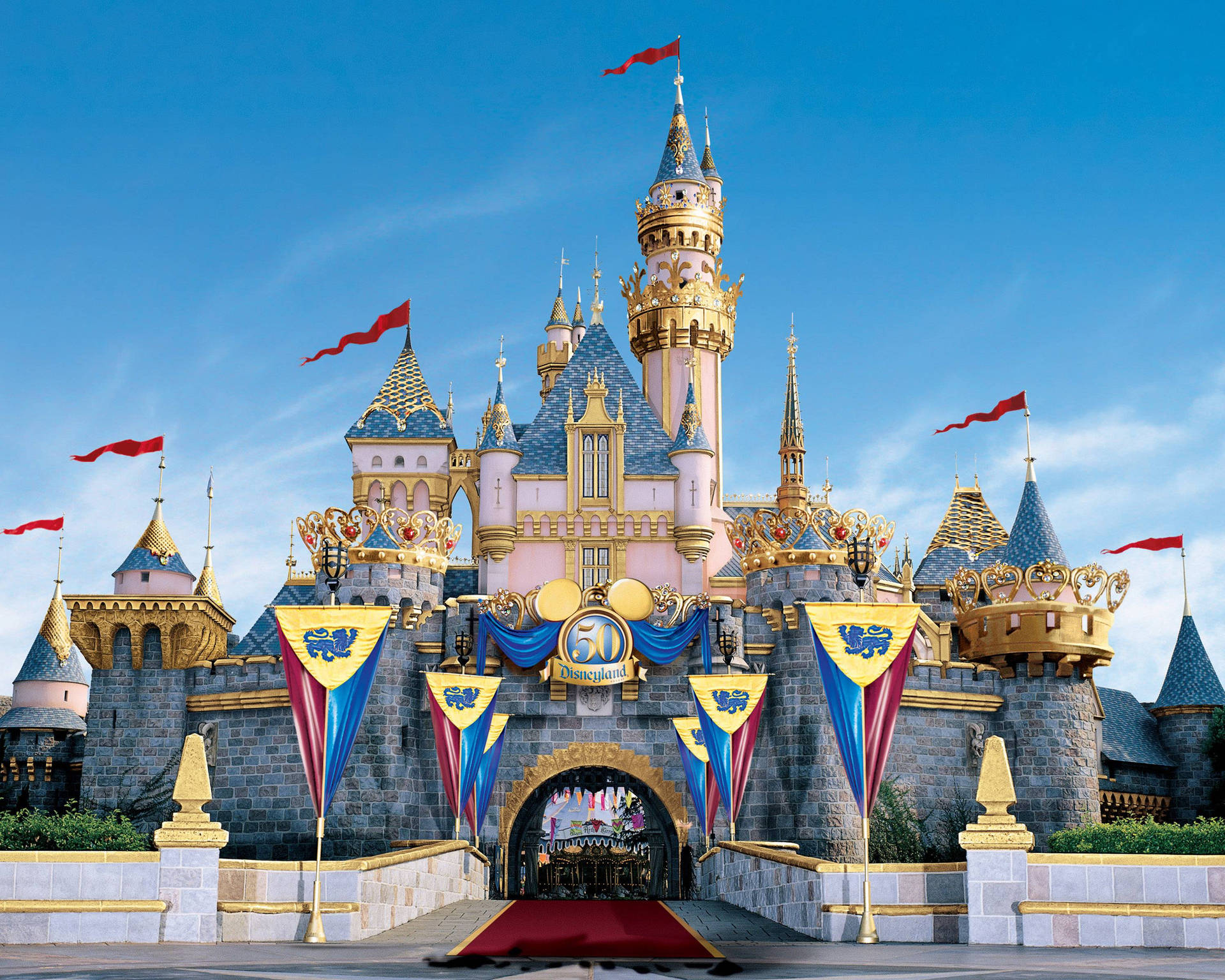 Disneyland Castle Red Flags 50th Anniversary Background