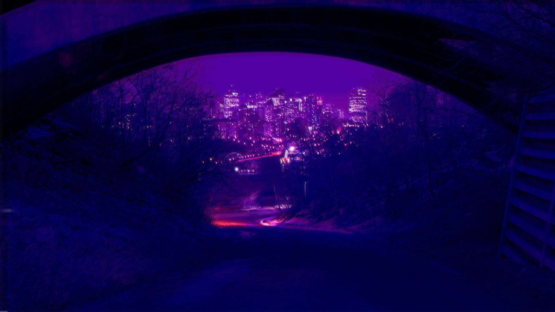 Distant Megacity Aesthetic Purple Neon Computer Screen Background