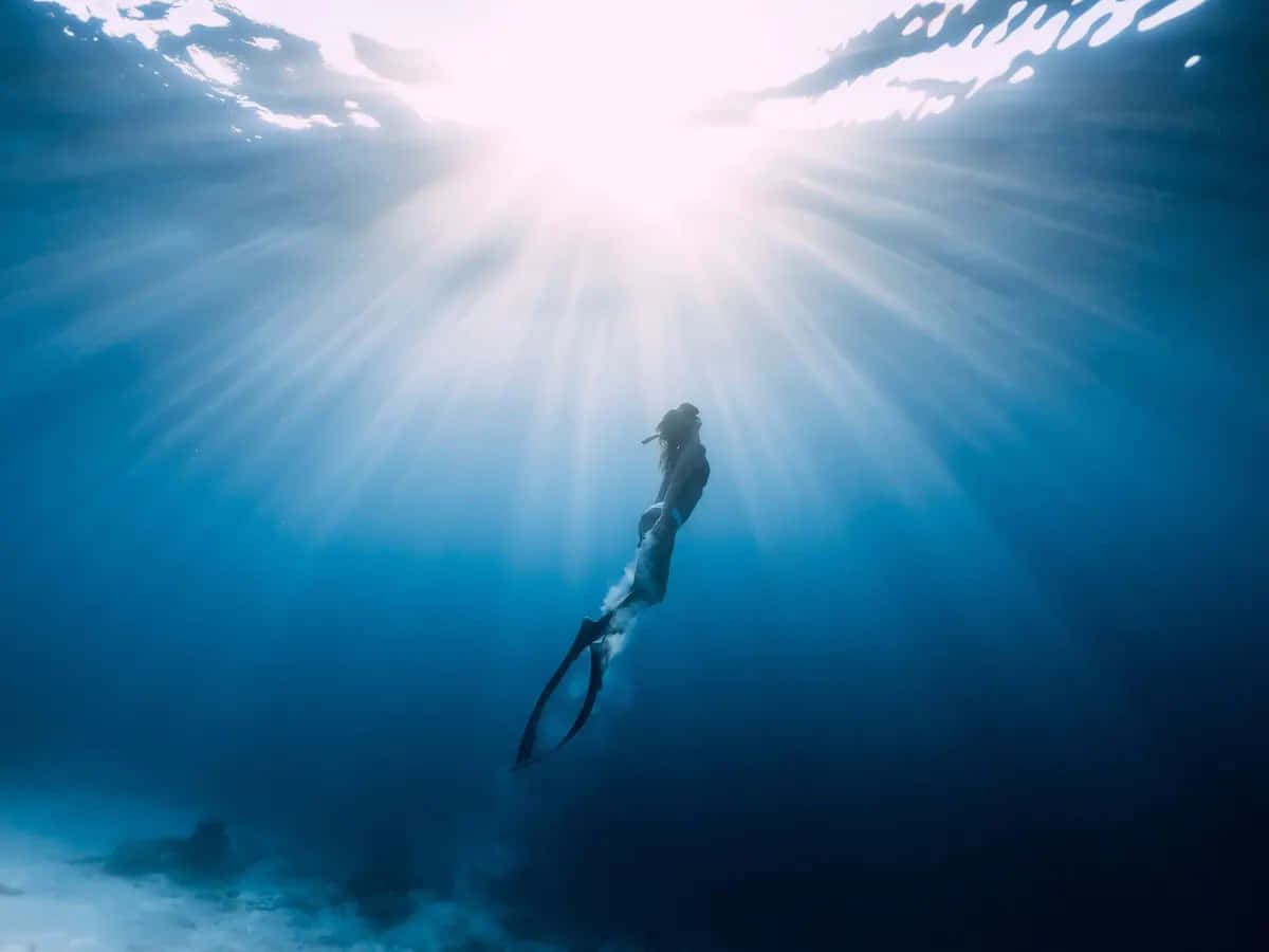 Diver Ascending Under Sunrays Background