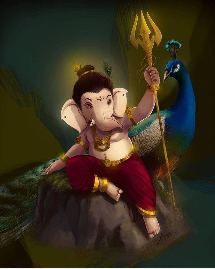 Divine Baby Ganesh With Peacock Background