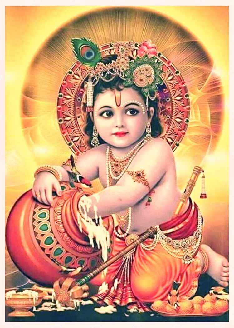 Divine Baby Krishna Ji Enjoying Heavenly Butter Background