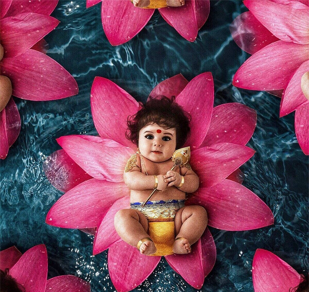 Divine Baby Murugan Resting On A Pink Flower Background