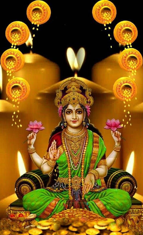 Divine Blessings: Goddess Lakshmi Surrounded By Golden Jars. Background