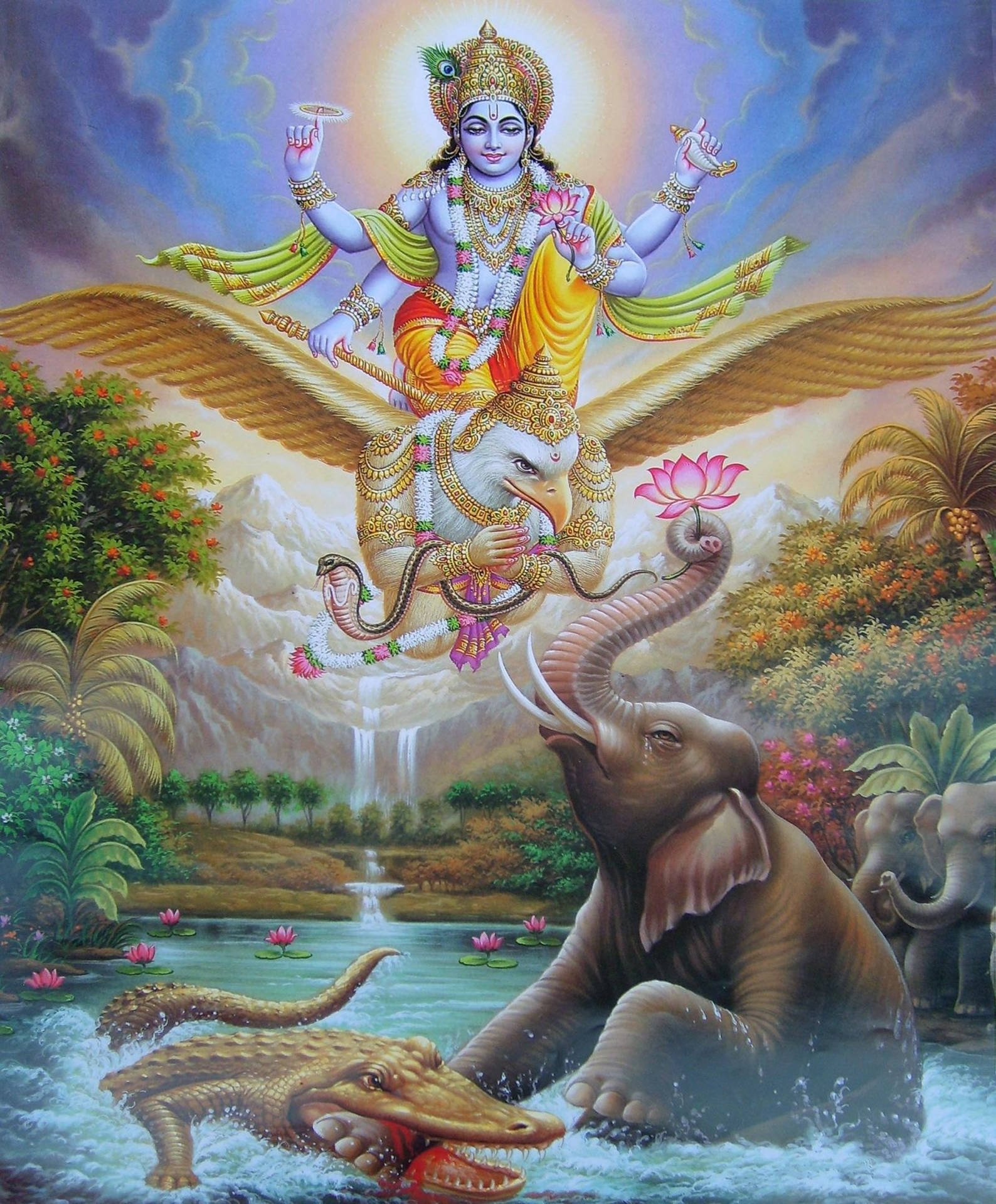Divine Blessings: Lord Vishnu Receiving Flower Offering From Elephant Background