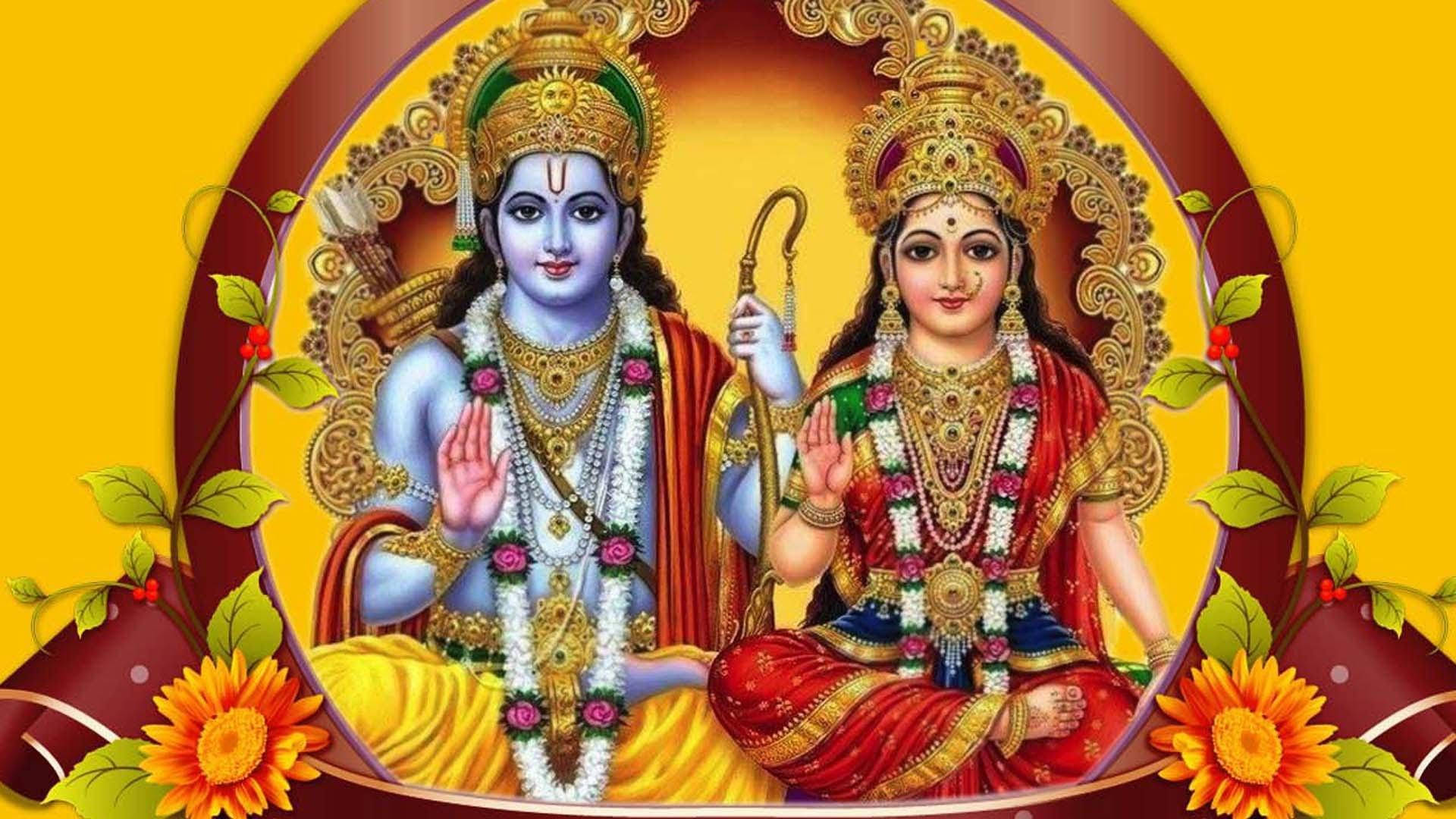 Divine Couple Ram Sita Against Floral Backdrop Background