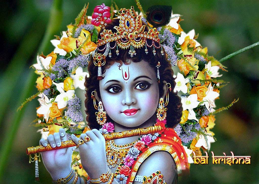 Divine Grace - Bal Krishna Adorned With Flower Wreath Background