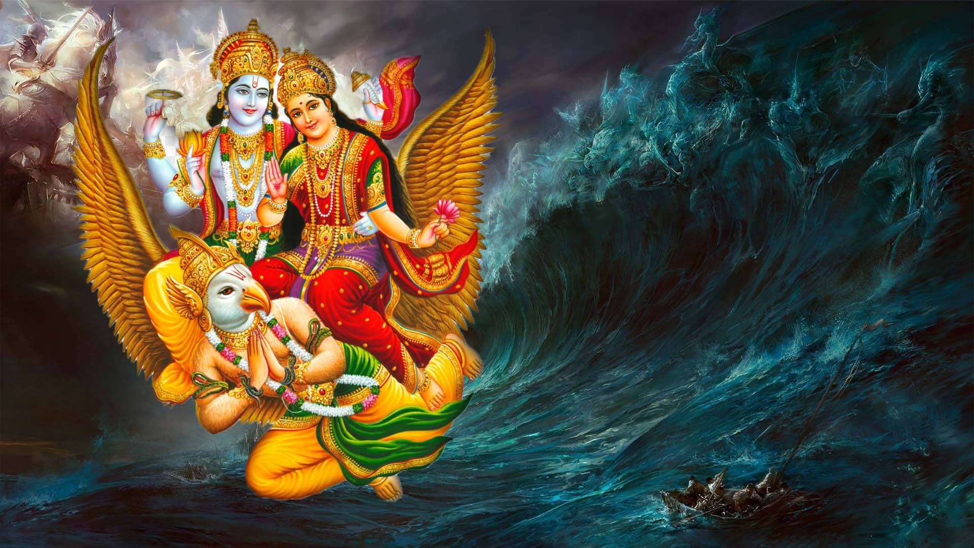 Divine Grace Of Lord Vishnu And Goddess Lakshmi Riding Garuda Background