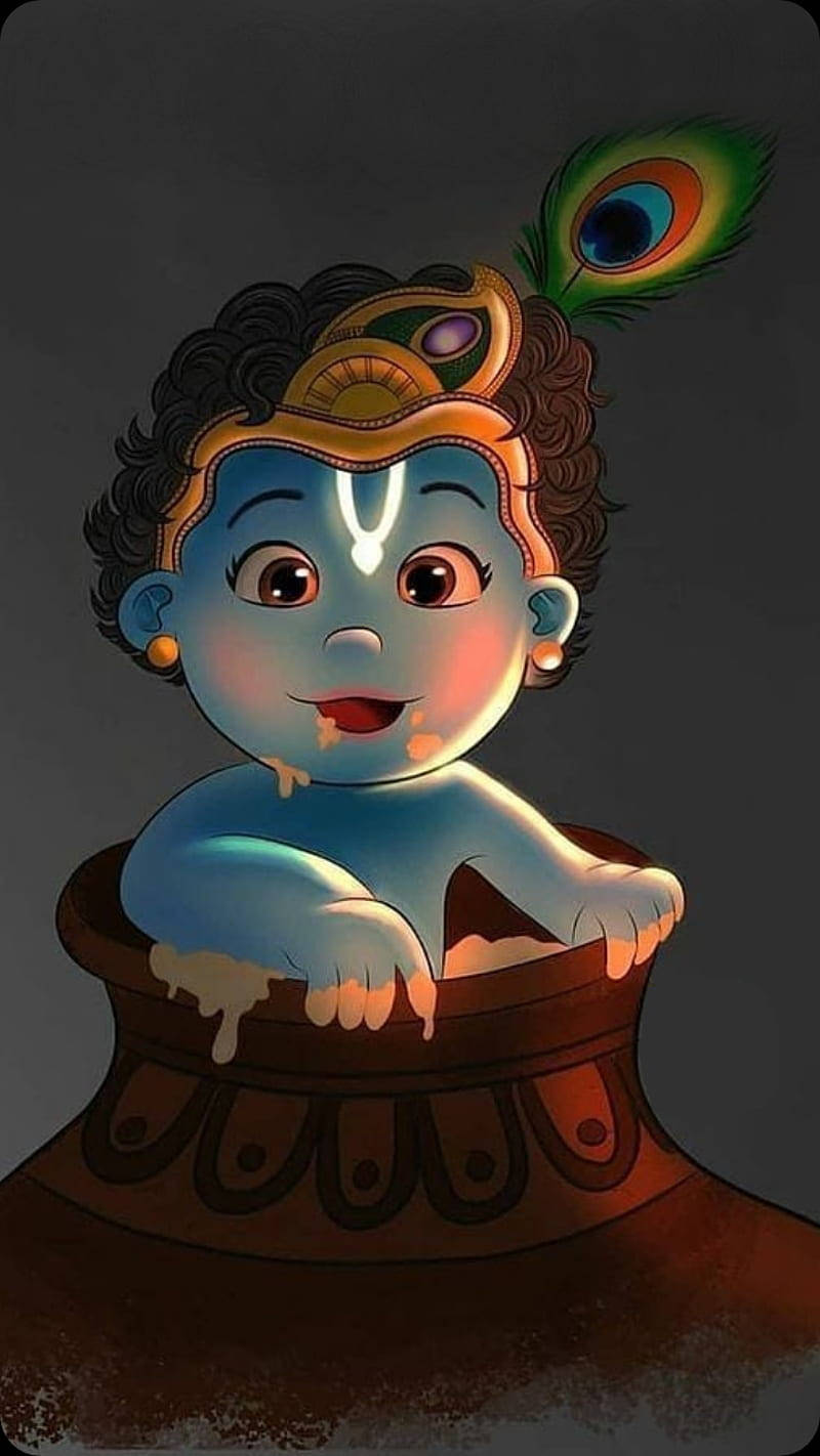 Divine Joy - Illustration Of Young Bal Krishna In A Clay Pot Background