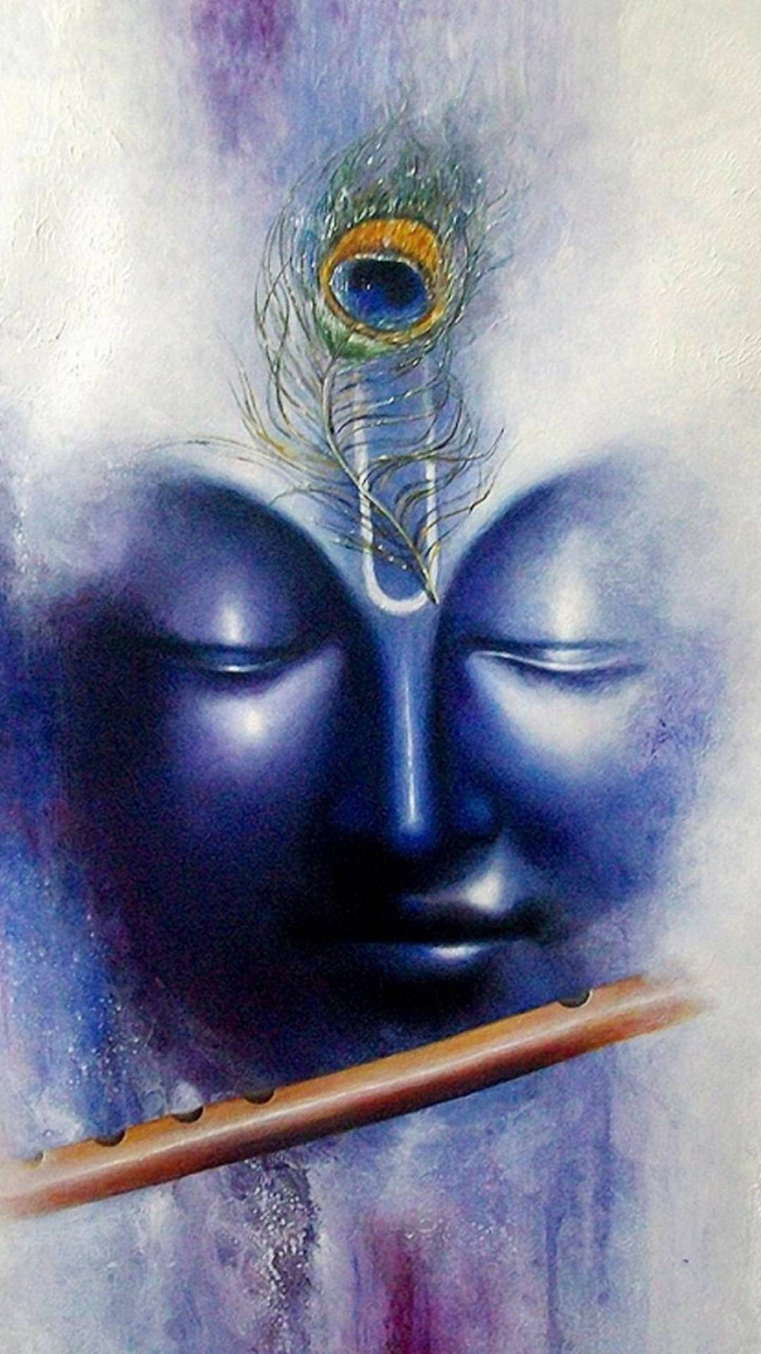 Divine Krishna Blue Face With Flute Background