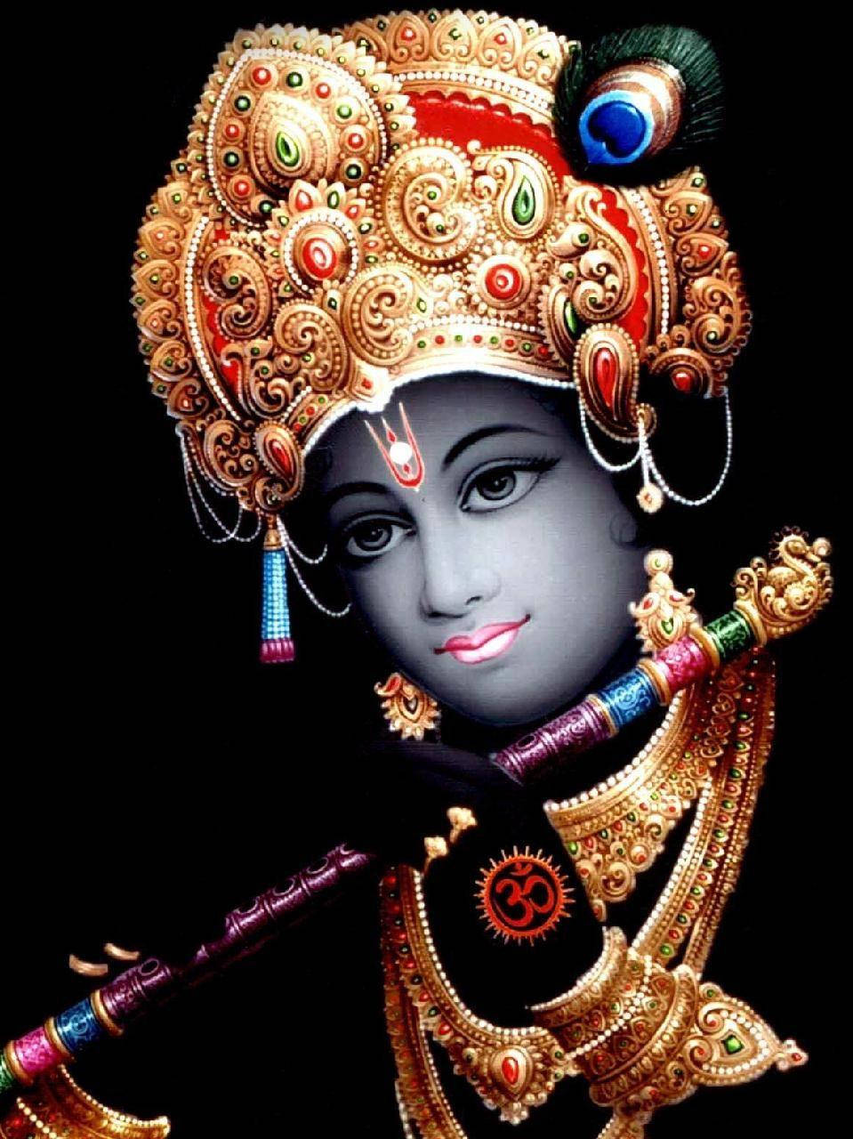 Divine Krishna With Golden Trinkets Phone Wallpaper
