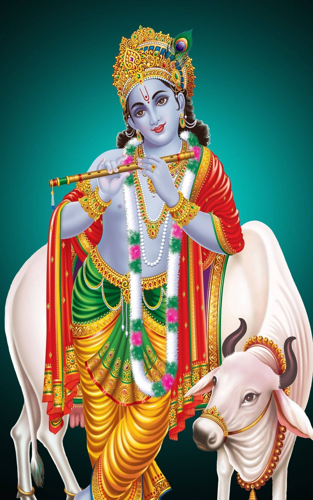 Divine Krishna With Sacred Cow - Mobile Phone Wallpaper Background
