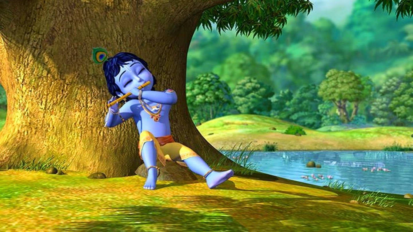 Divine Little Krishna Playing Flute Under A Tree