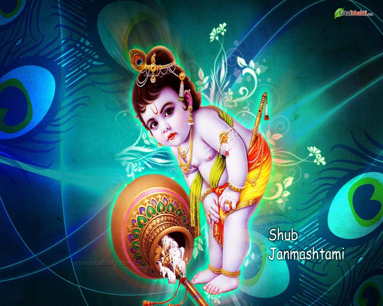 Divine Little Krishna With Lush Green Peacock Pattern Background