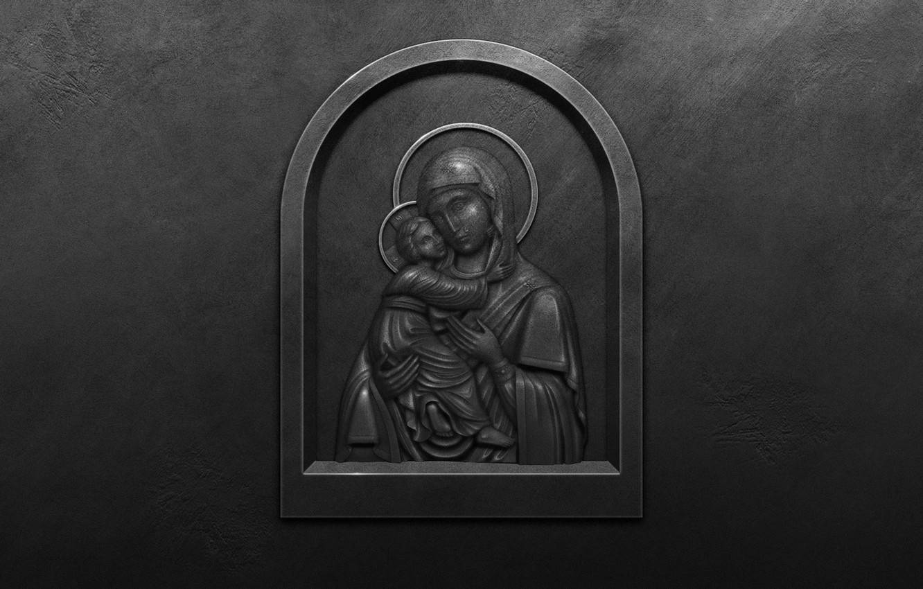 Divine Sculpture Of Virgin Mary And Baby Jesus Background