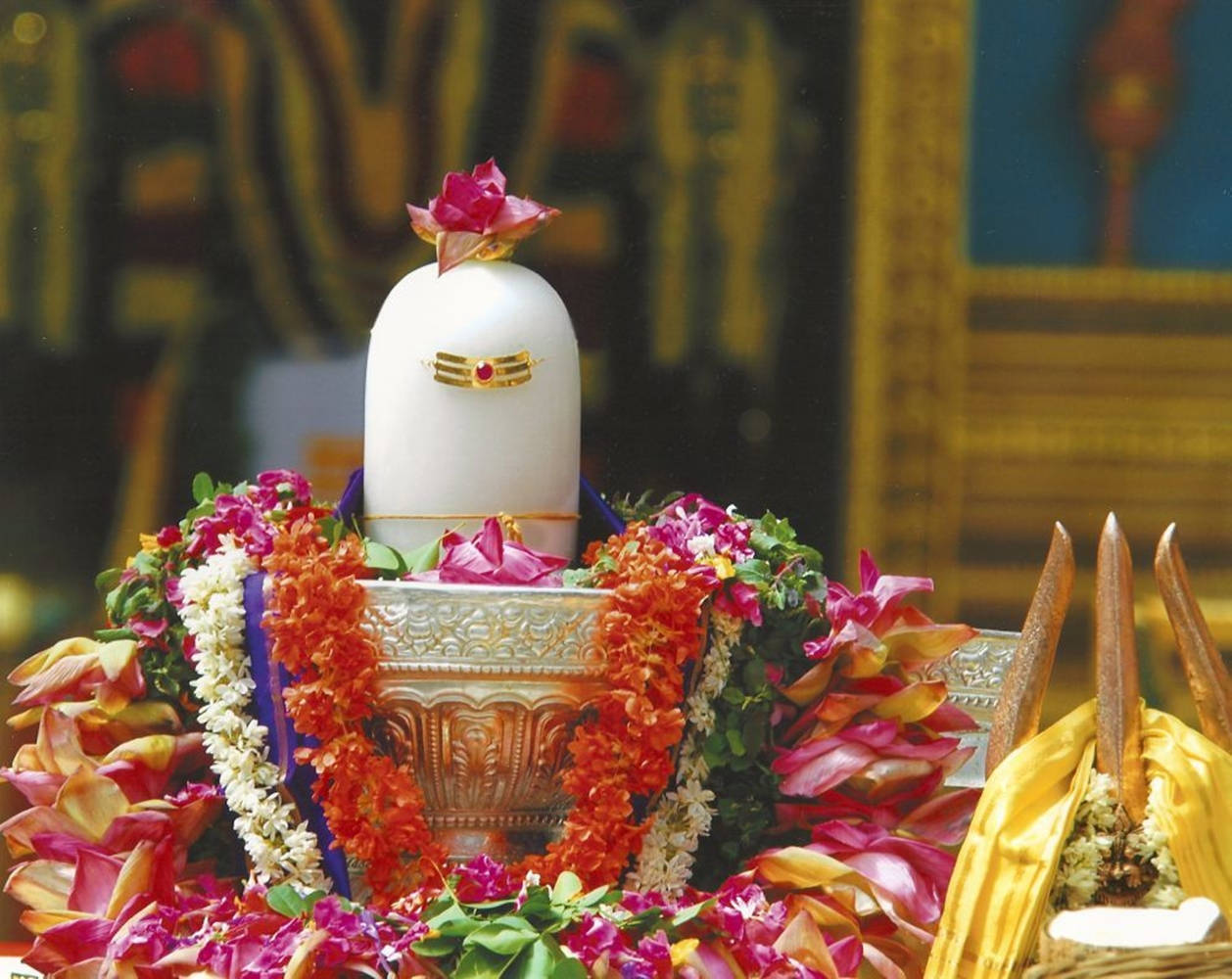 Divine Shiva Lingam Adorned With A Colorful Garland Background