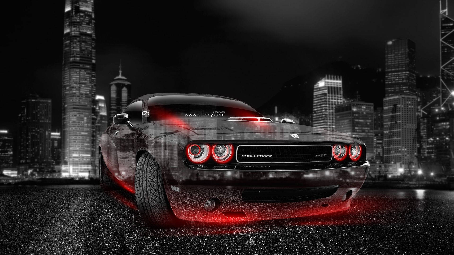 Dodge Challenger With Red Halo Headlights Background