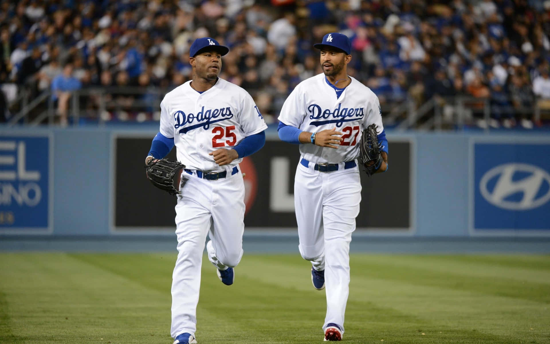 Dodgers Players Jogging On Field Background