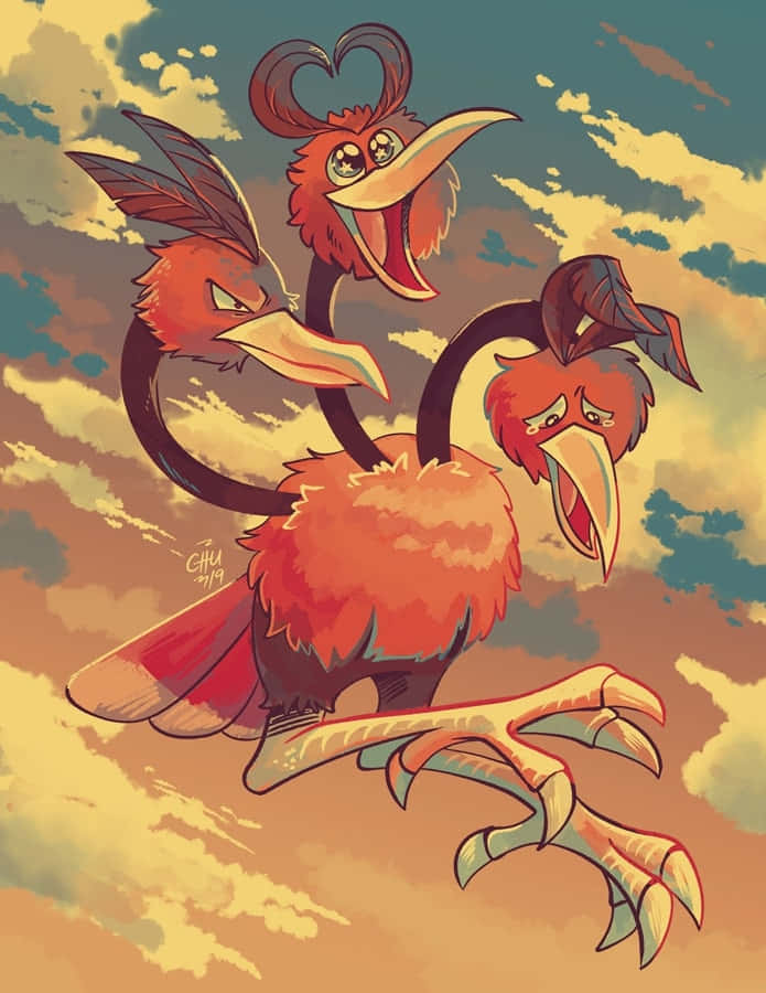 Dodrio Pokemon Fanart In Sunset Sky Background