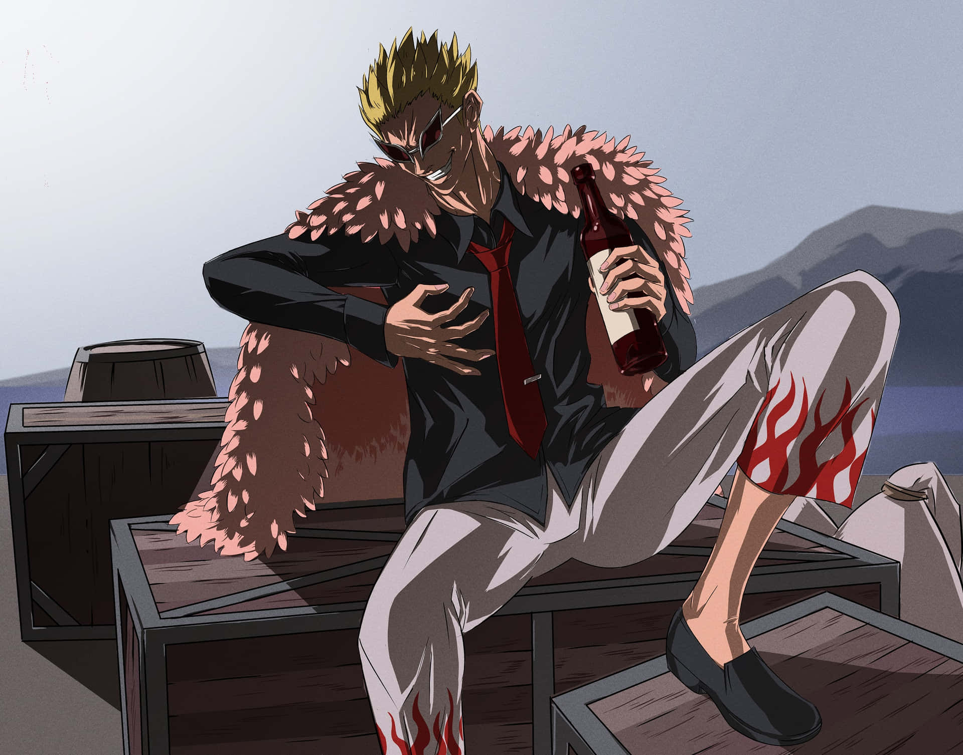 Doflamingo Relaxing With Drink Anime Art Background