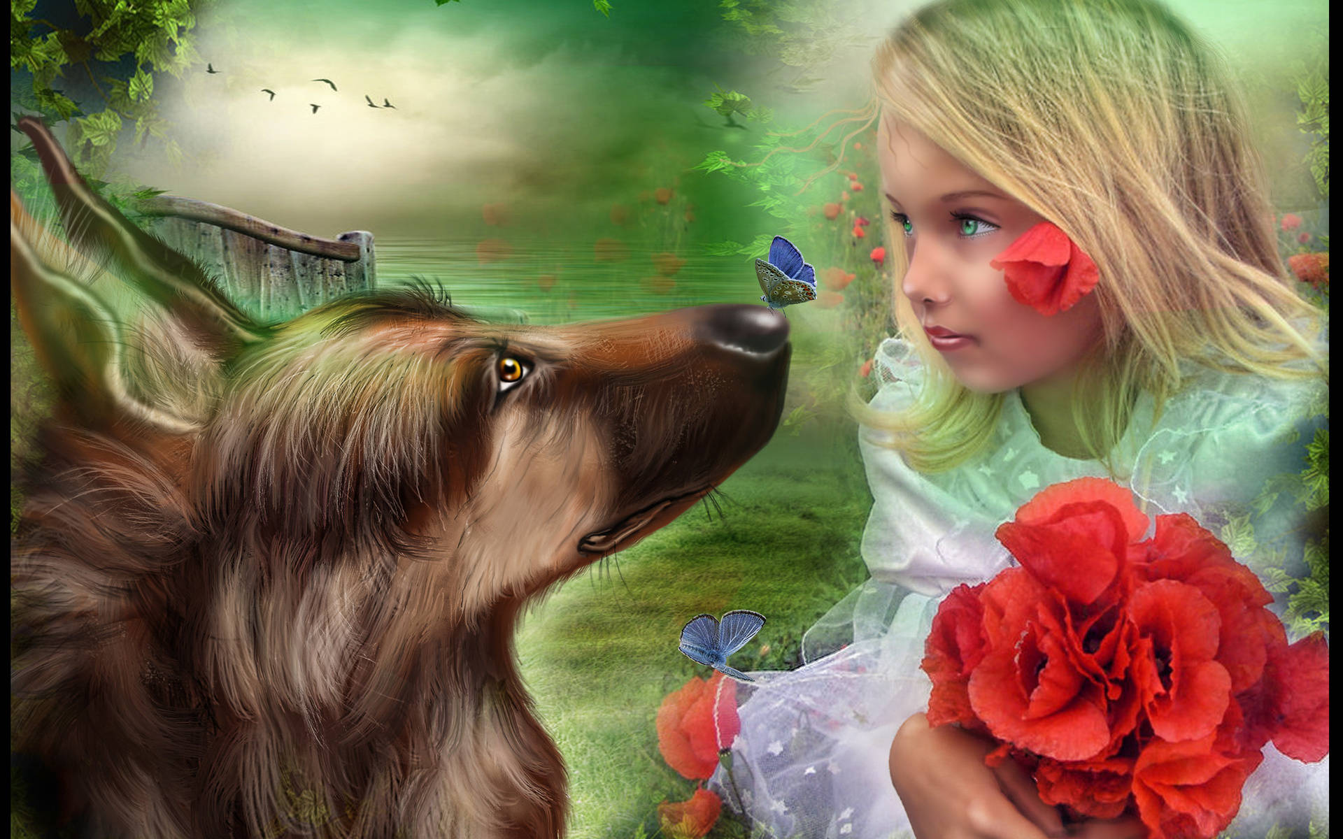 Dog And Girl Amazing Portrait Background