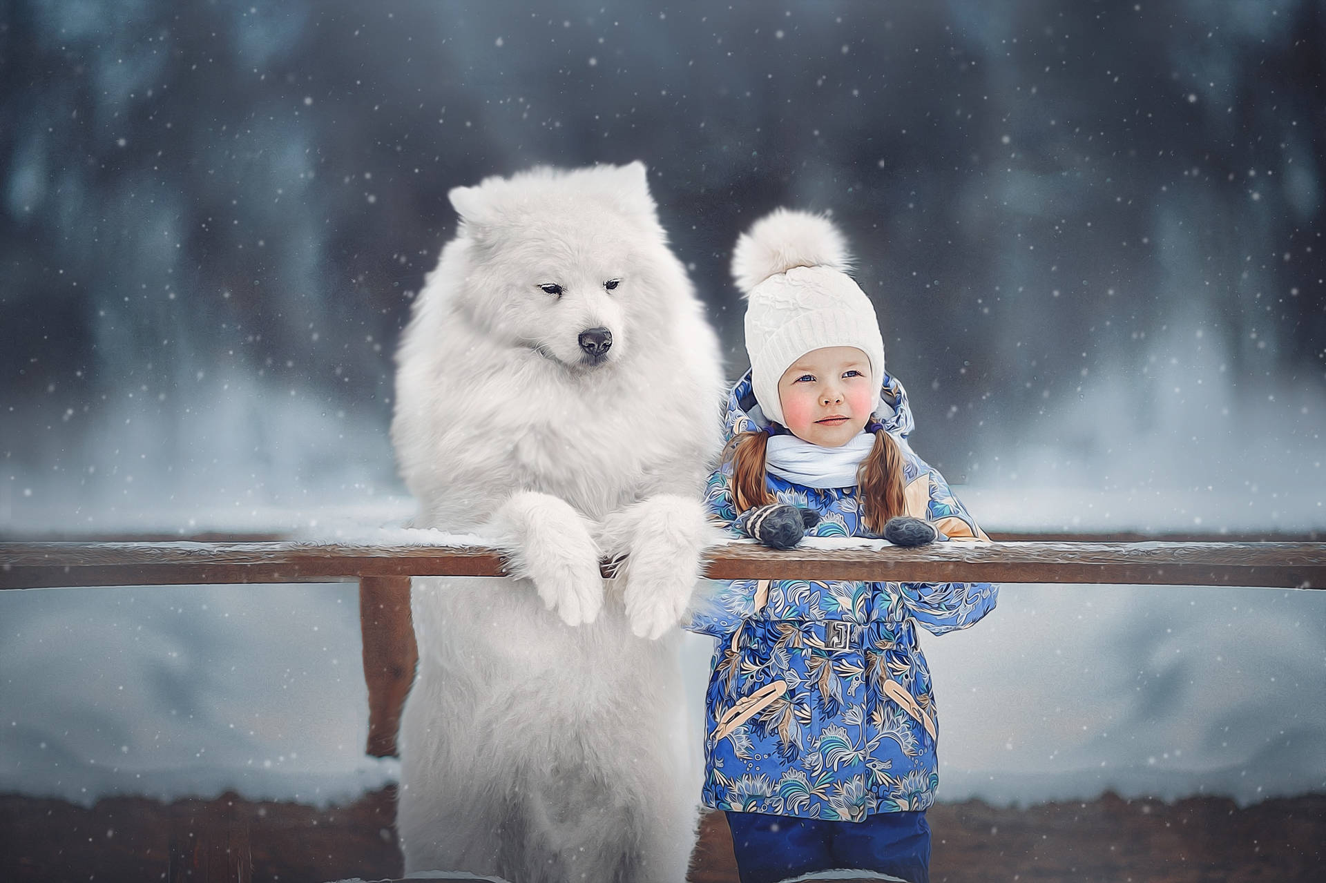 Dog And Girl Cold Field Background