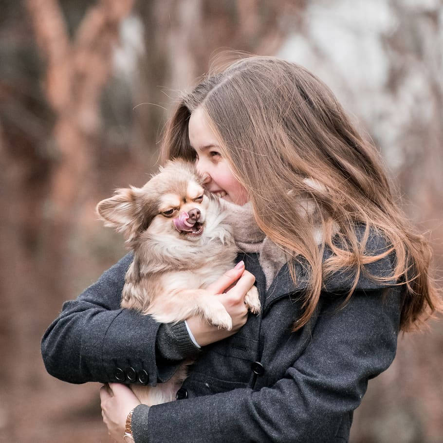 Dog And Girl Holding Embracing Background