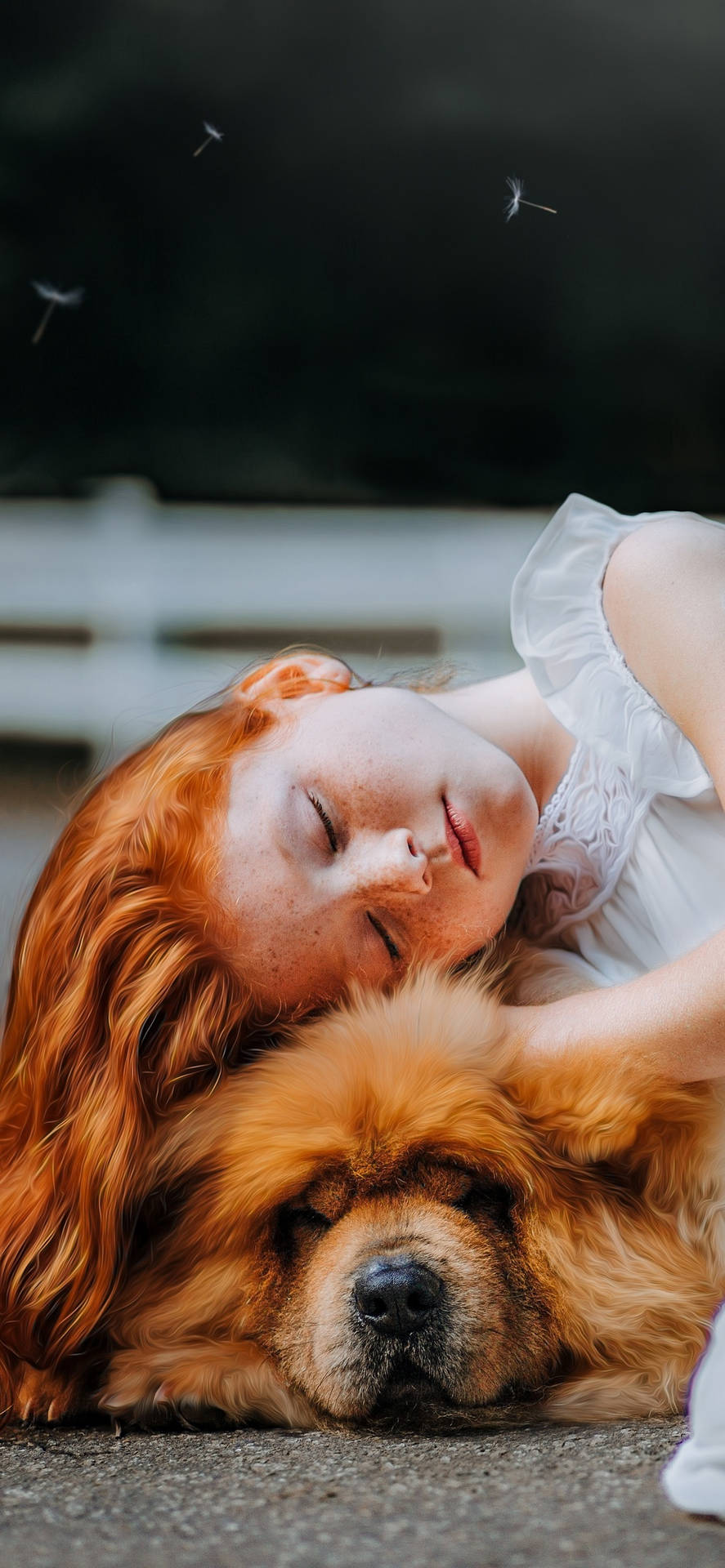 Dog And Girl Laying Her Head Background