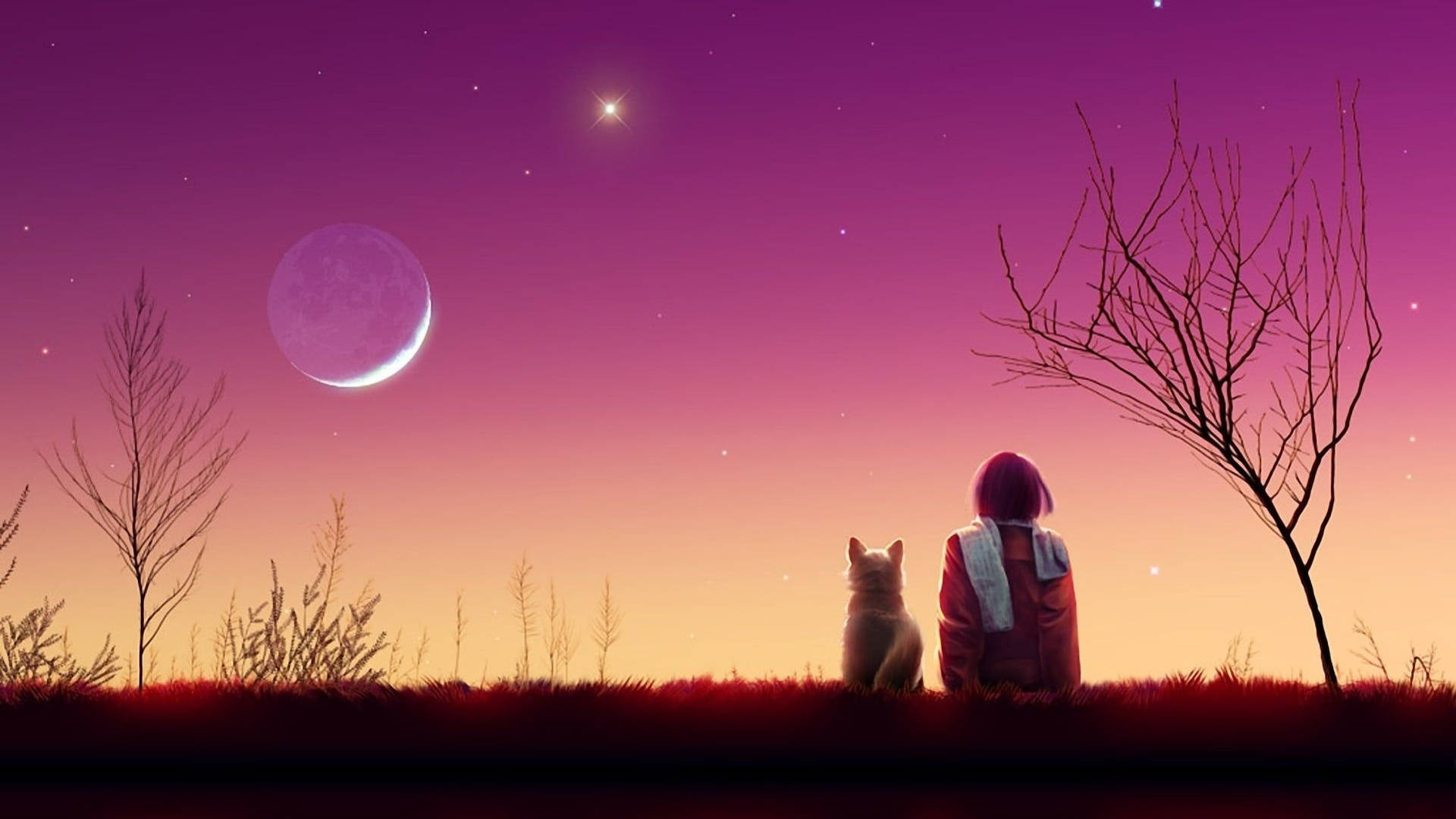 Dog And Girl Moon Light View Background