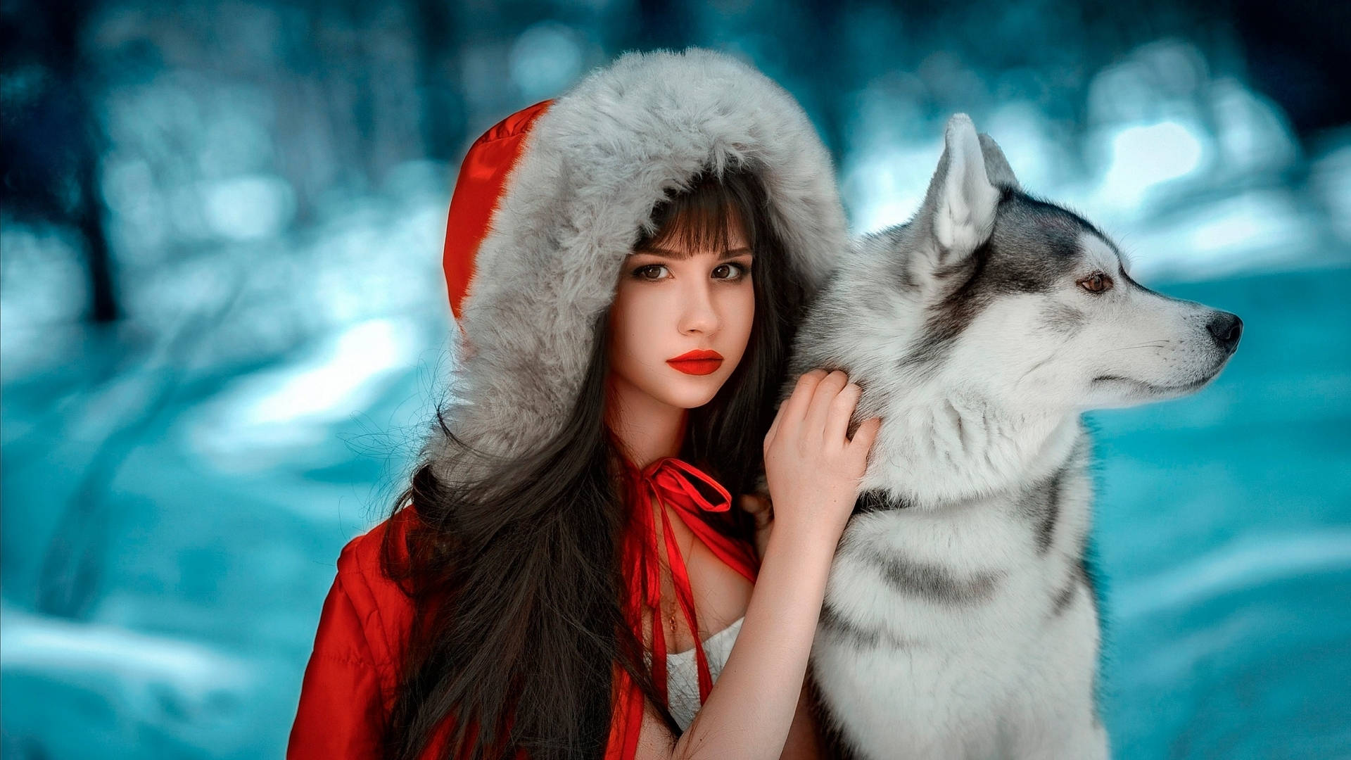 Dog And Girl Red Riding Hood Background