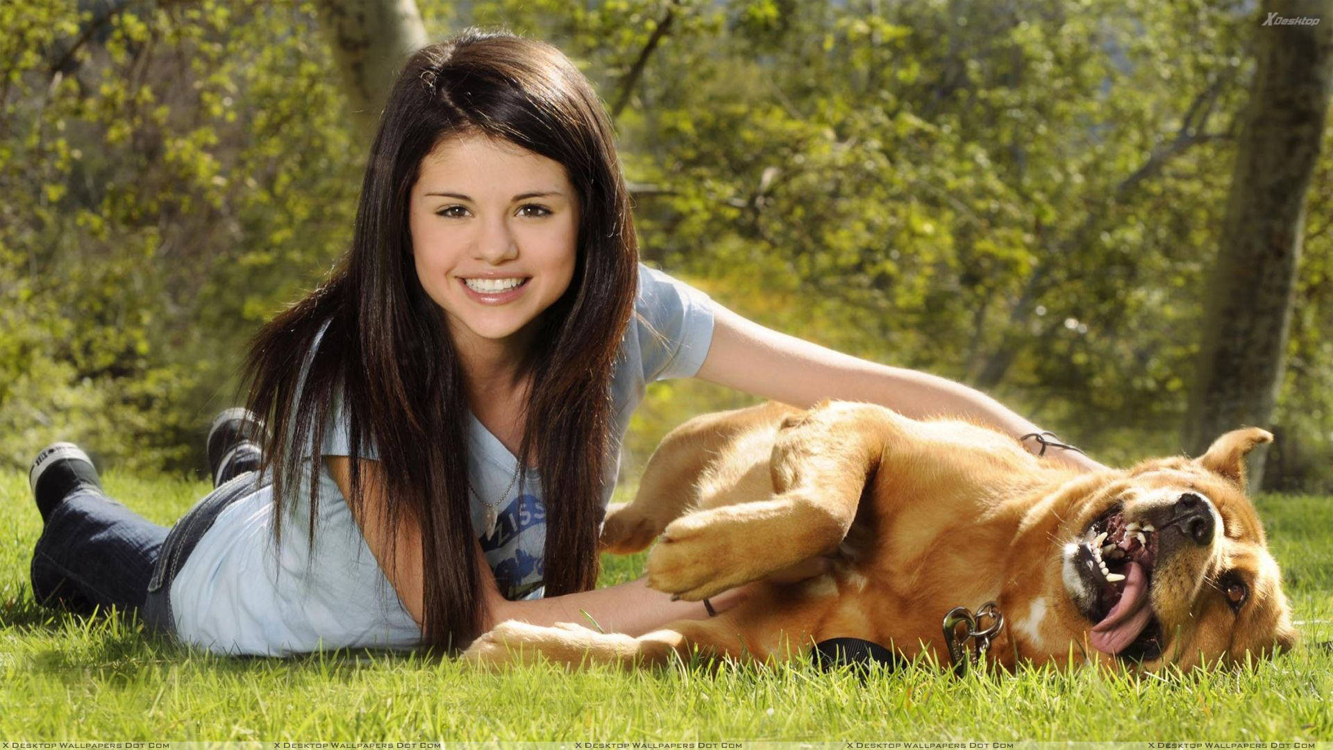 Dog And Girl Selena Gomez Background