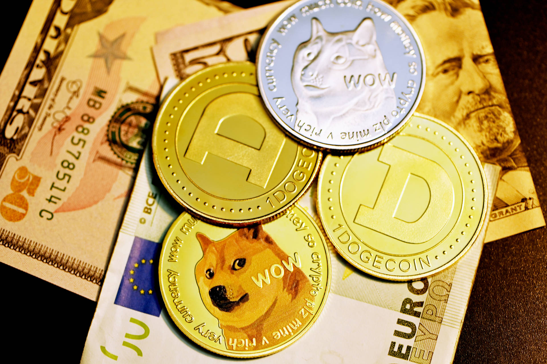 Dogecoin And Banknotes Background
