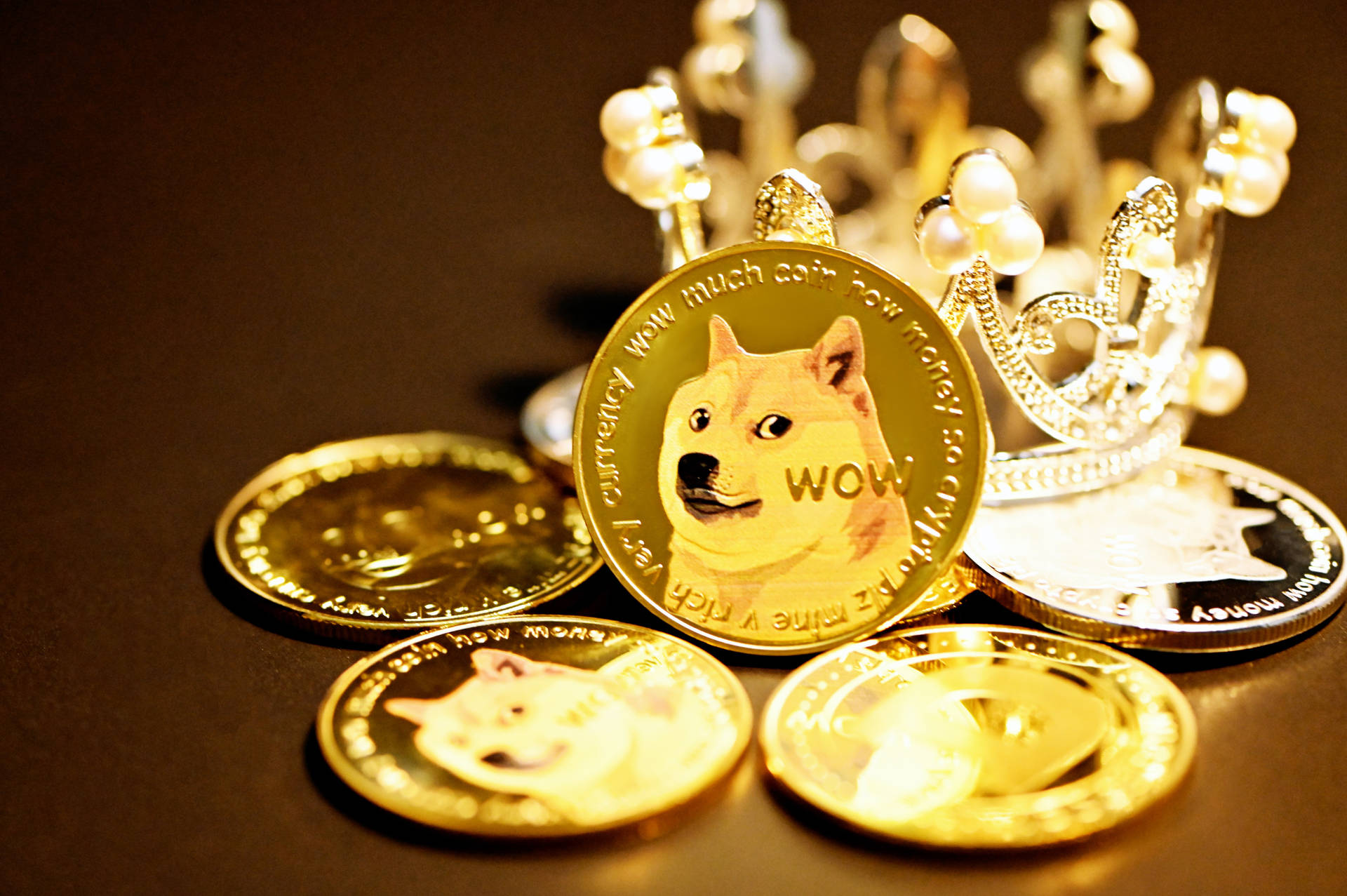 Dogecoin Gold Tokens And Crown Background