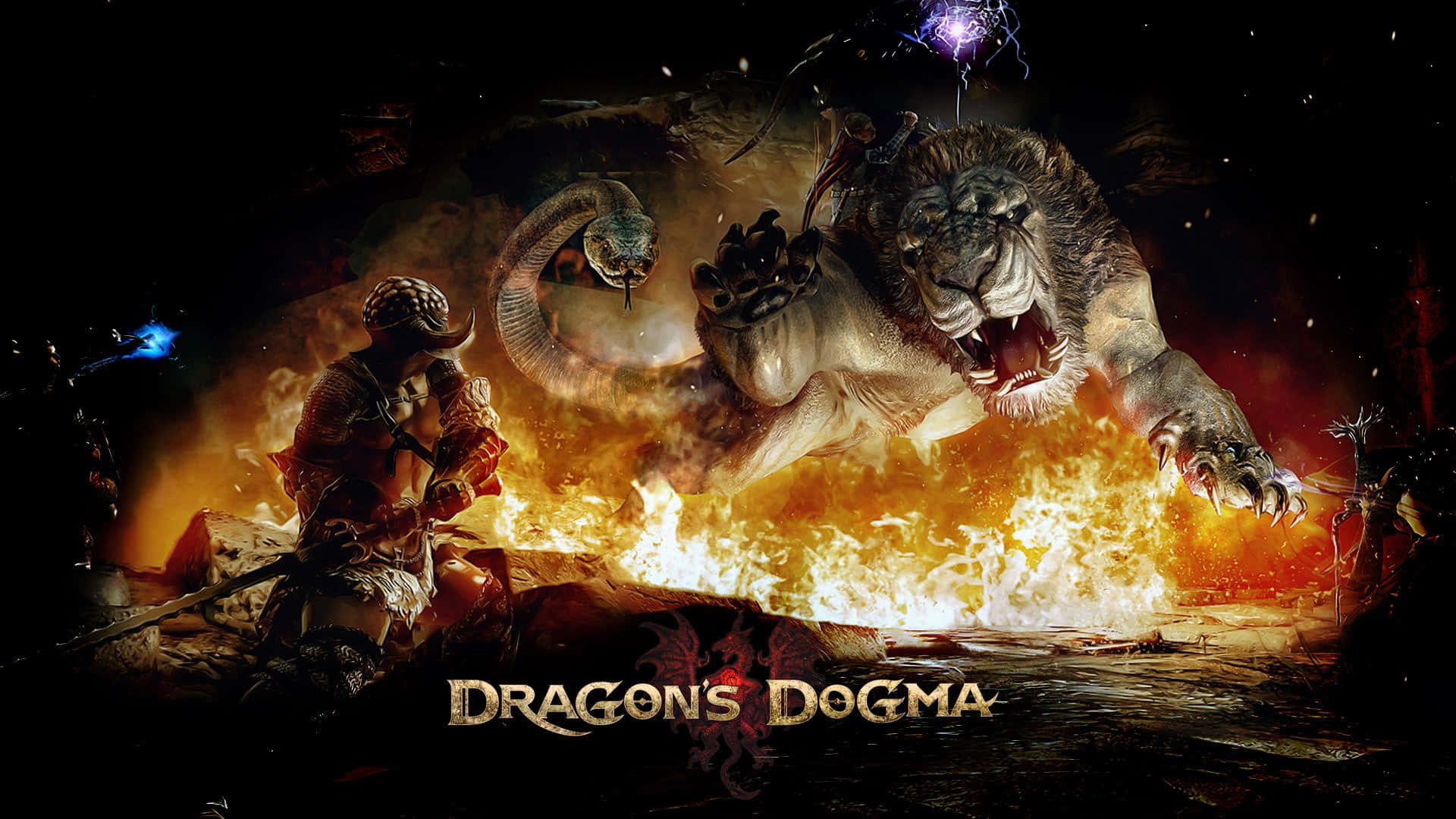Dogmatic Swordsman Fighting A Lion And Snake Background