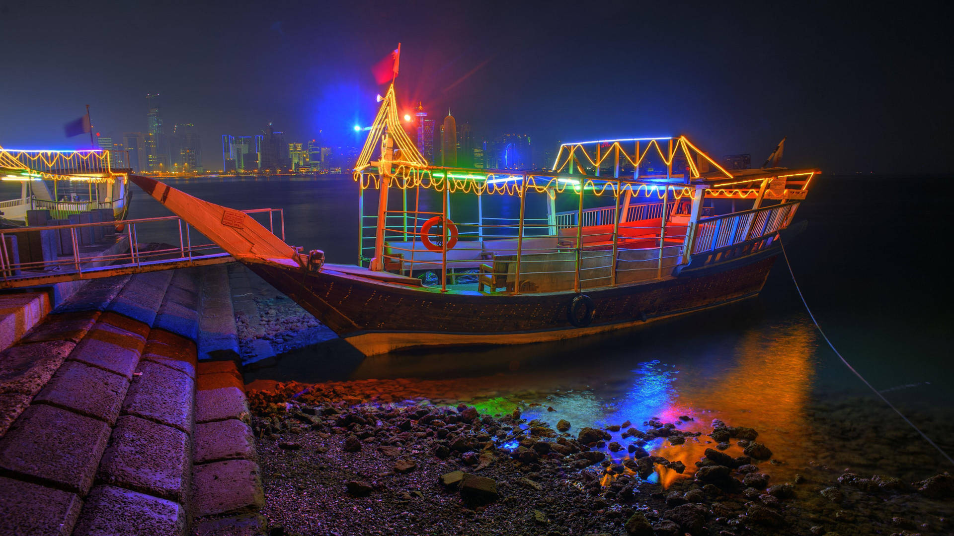 Doha City Boat Illuminated Background