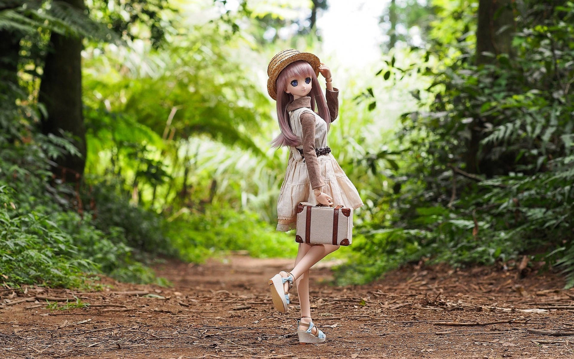 Doll With Briefcase In Forest Background