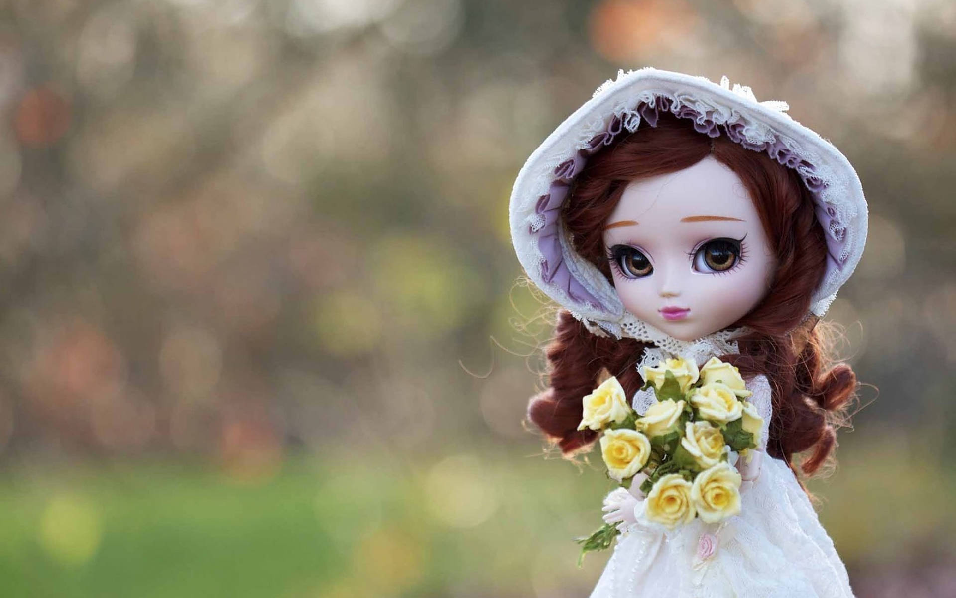 Doll With Yellow Bouquet Flowers Background