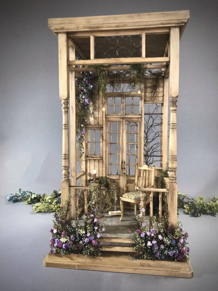 Dollhouse Purple Flowers Wooden Garden Background