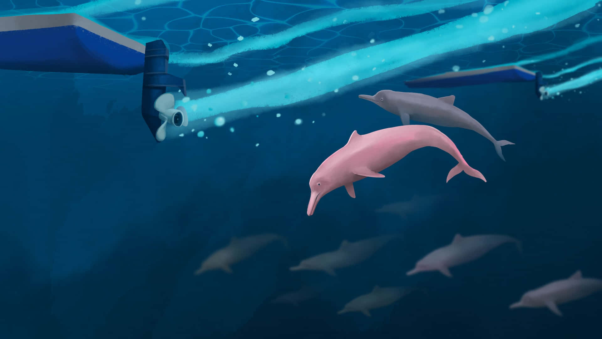 Dolphins Swimming In The Ocean With A Robot Background