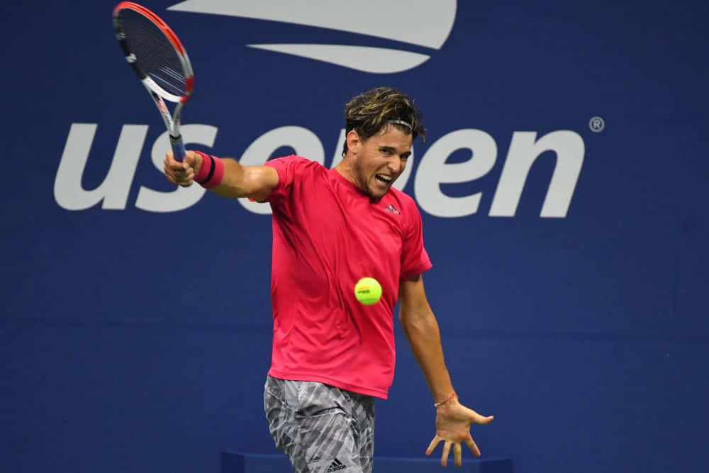 Dominic Thiem Intense Forehandat U S Open Background