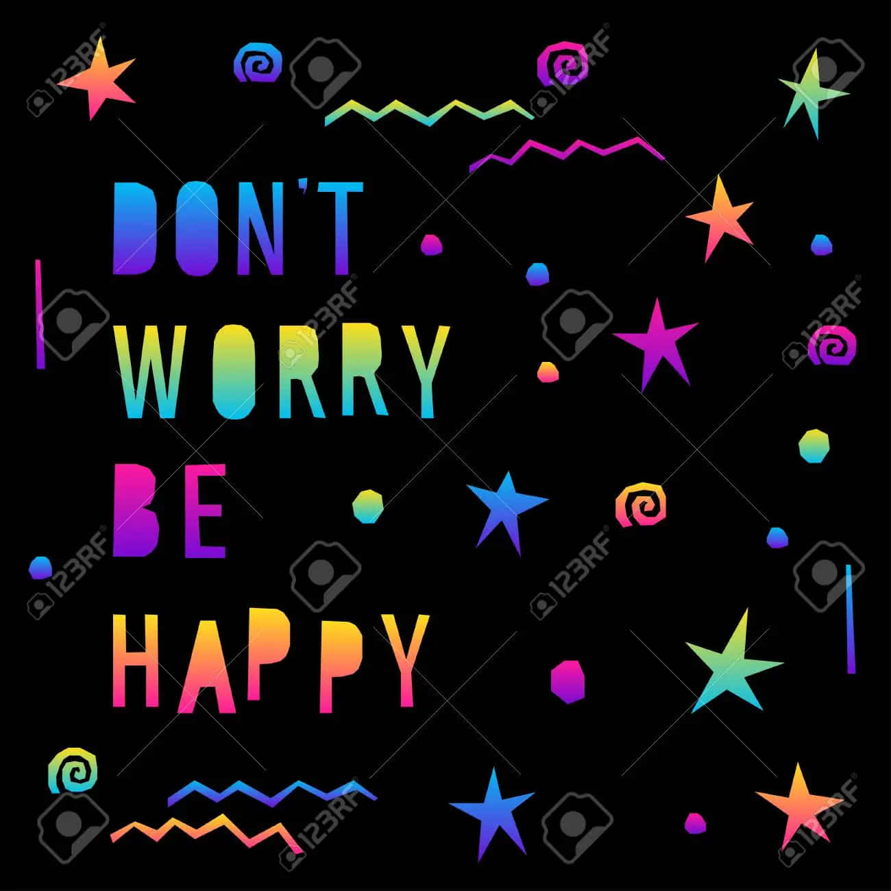 Don't Worry Be Happy Quote On Black Background With Colorful Stars
