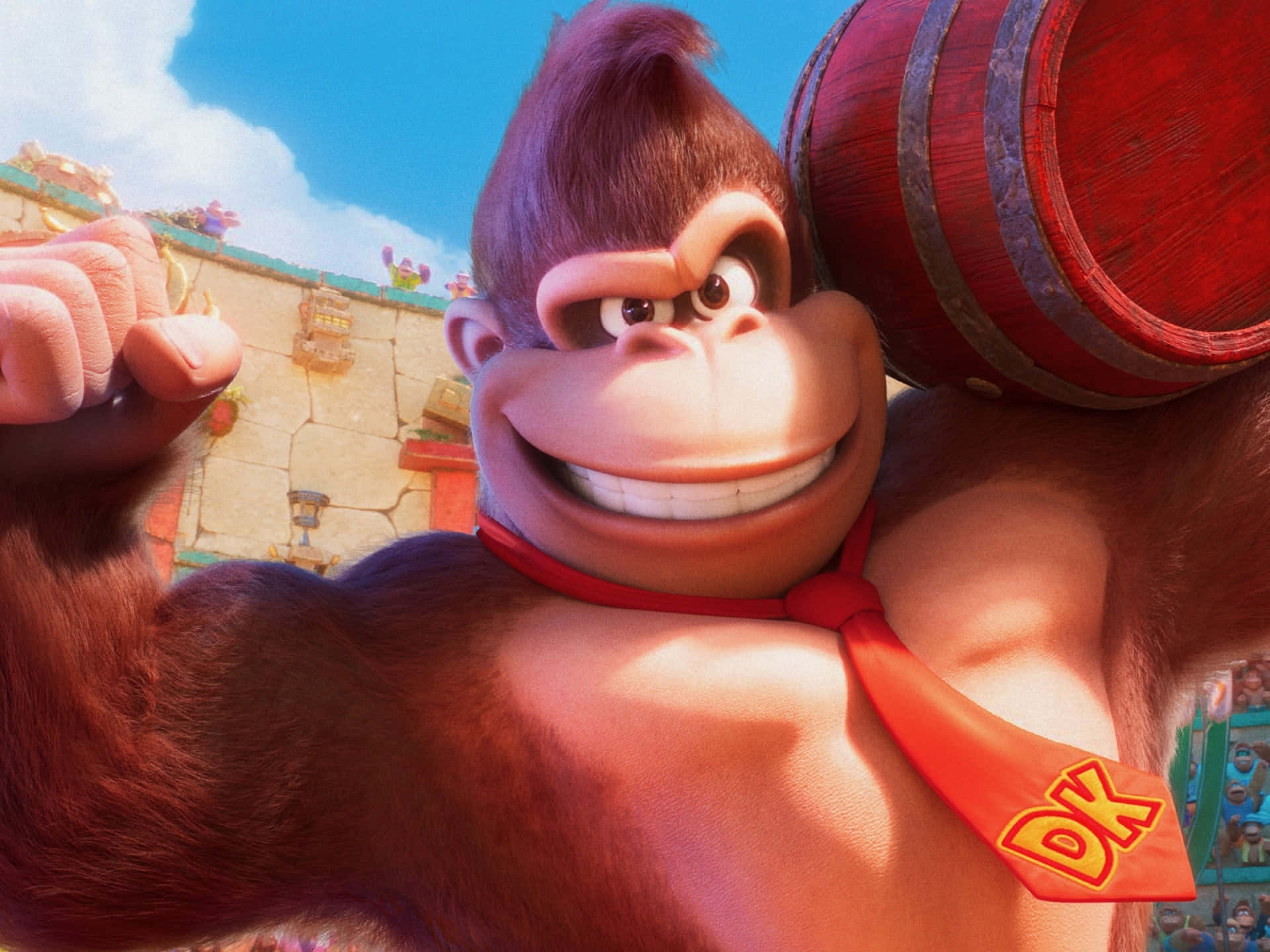 Donkey Kong In Action With Iconic Barrels And Platform Scene Background