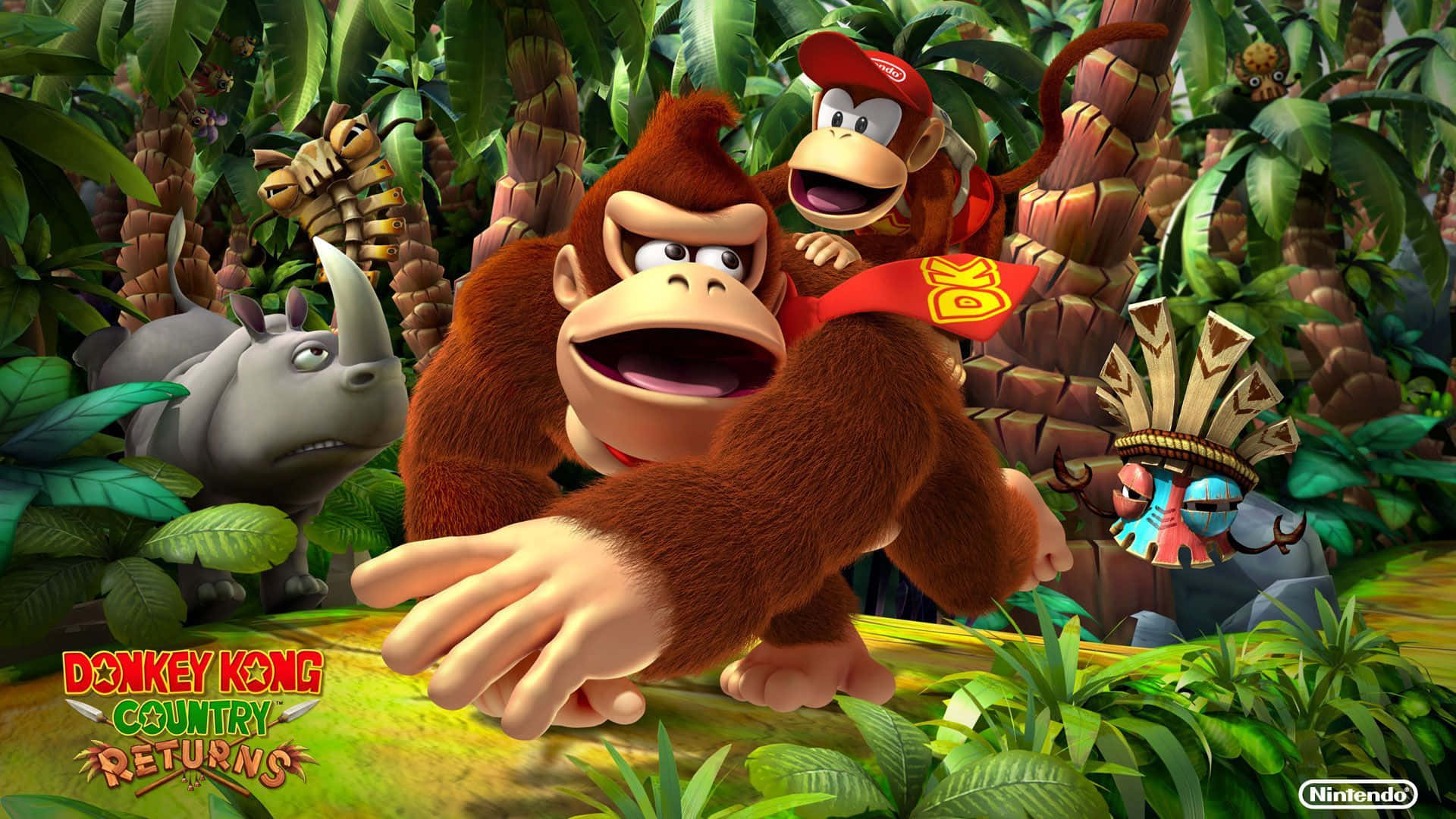 Donkey Kong In Action With Wooden Barrels Background