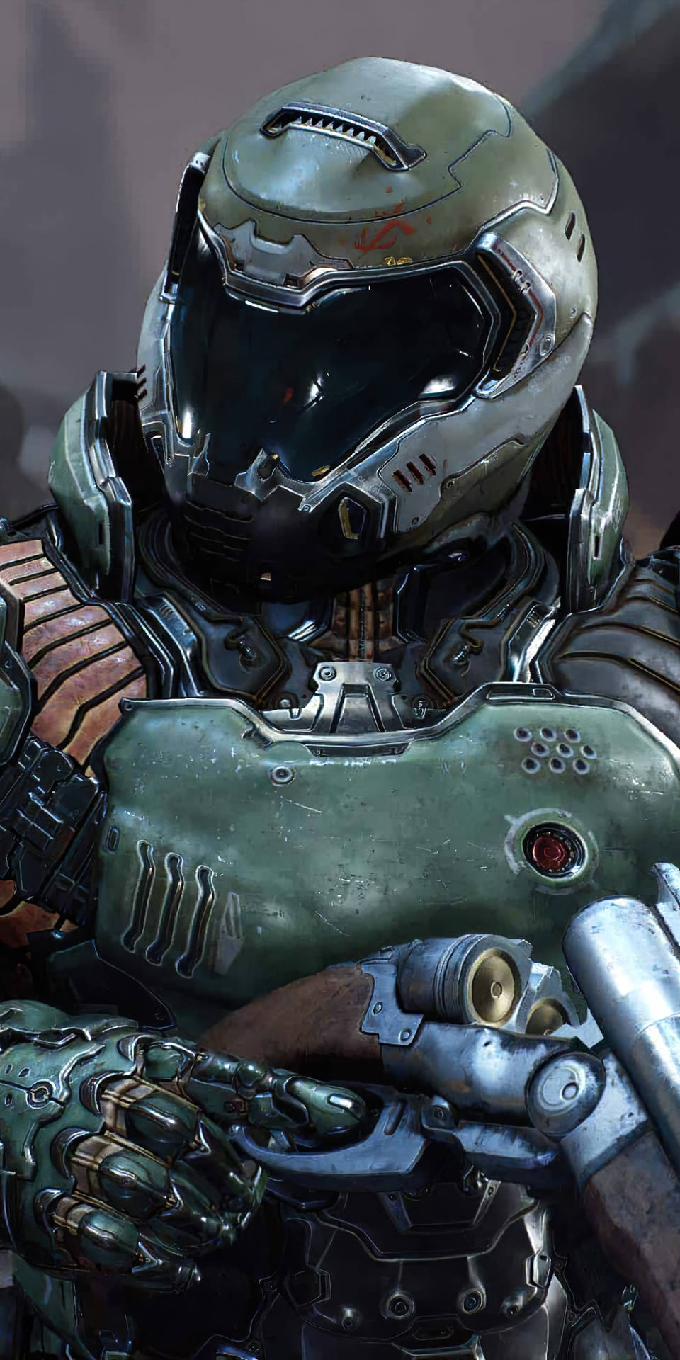 Doom - A Character In A Green Suit Holding A Gun