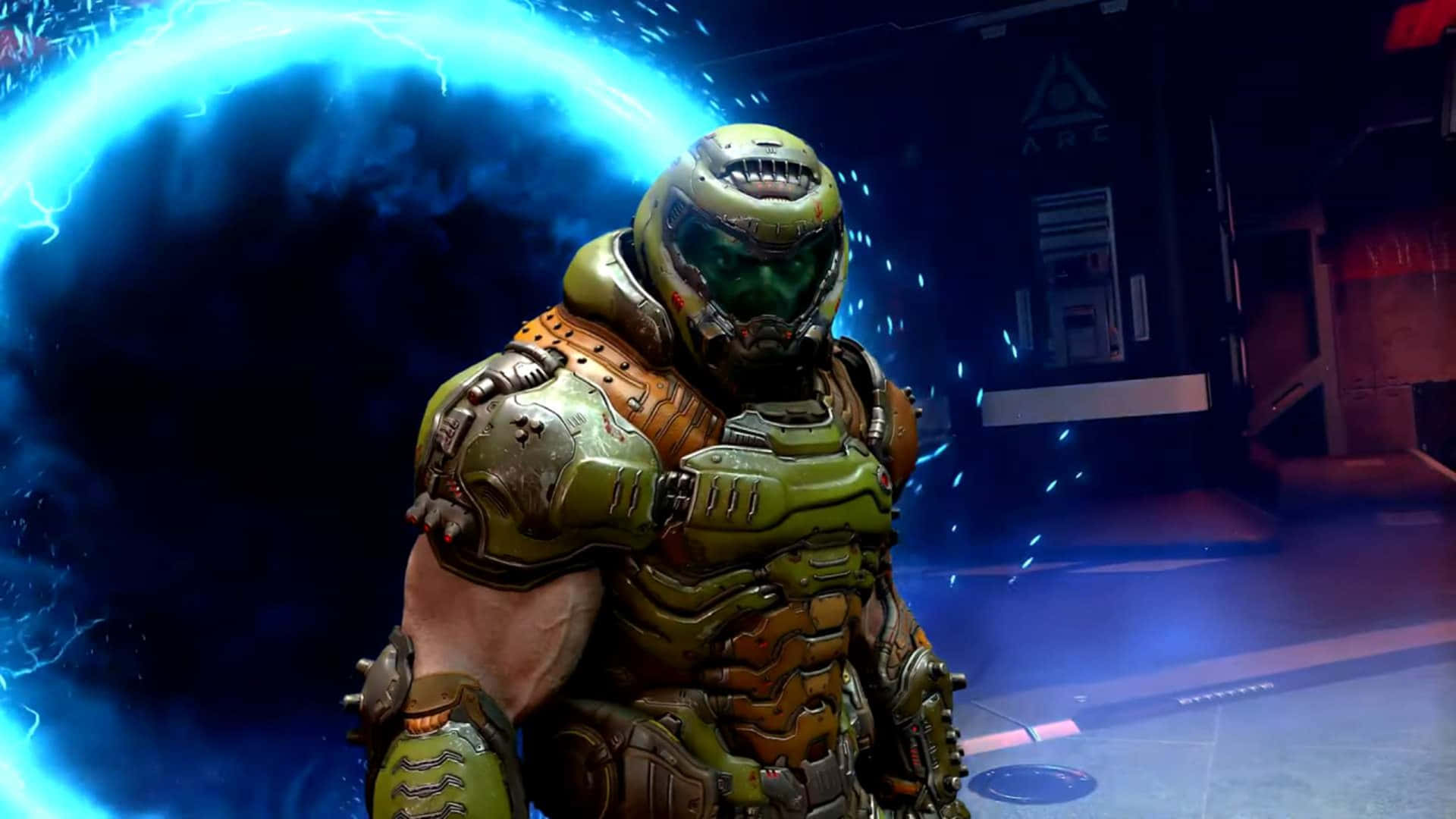 Doom - A Character In A Green Suit Standing In Front Of A Blue Light Background