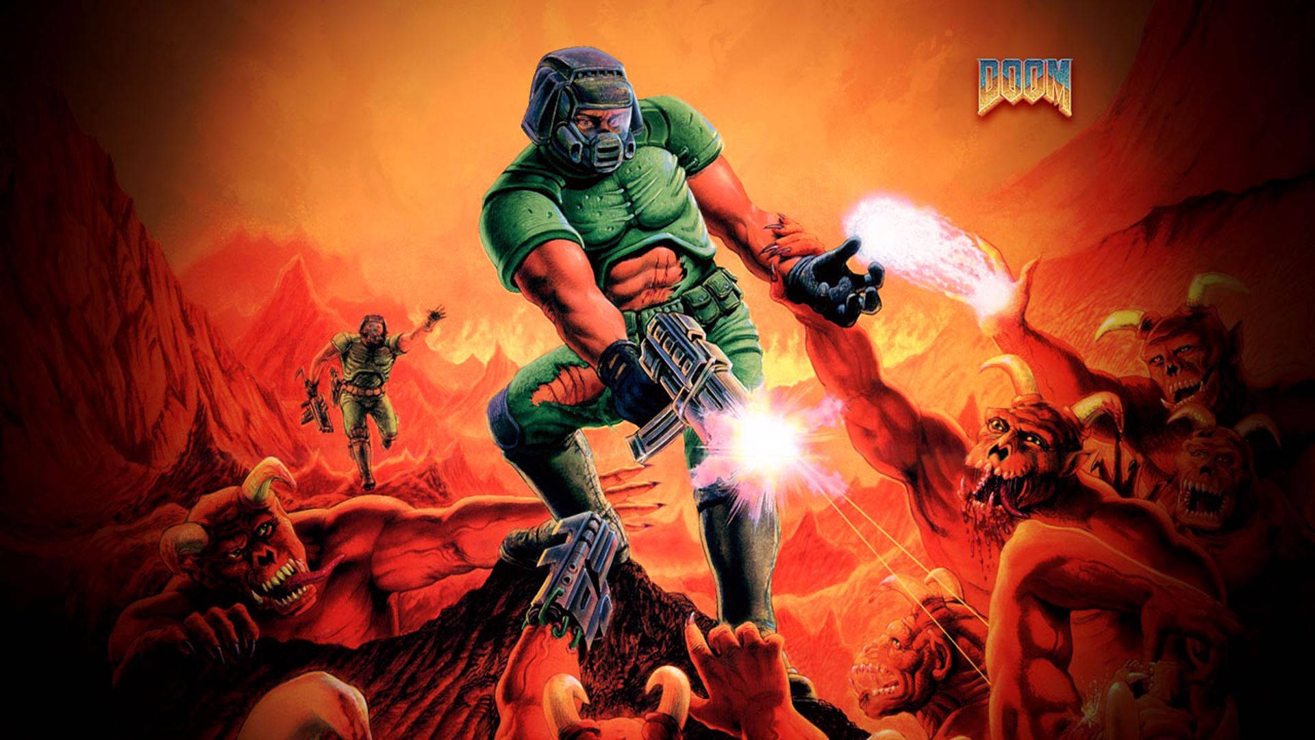Doom - A Man In Green With A Gun Background