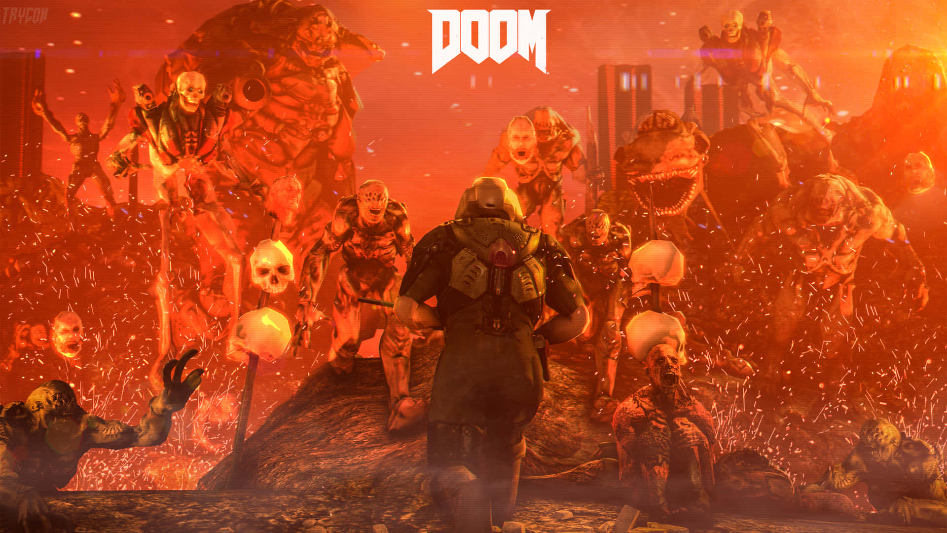 Doom - A Man Standing In Front Of A Group Of Zombies Background