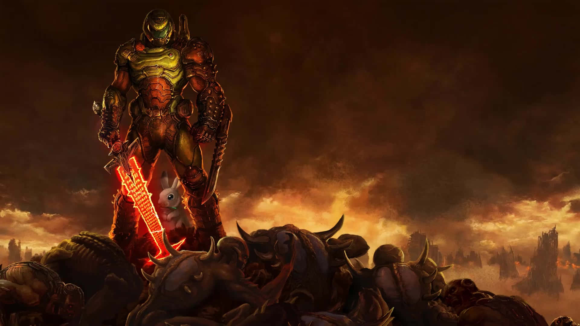 Doom Slayer With Slain Enemies Background