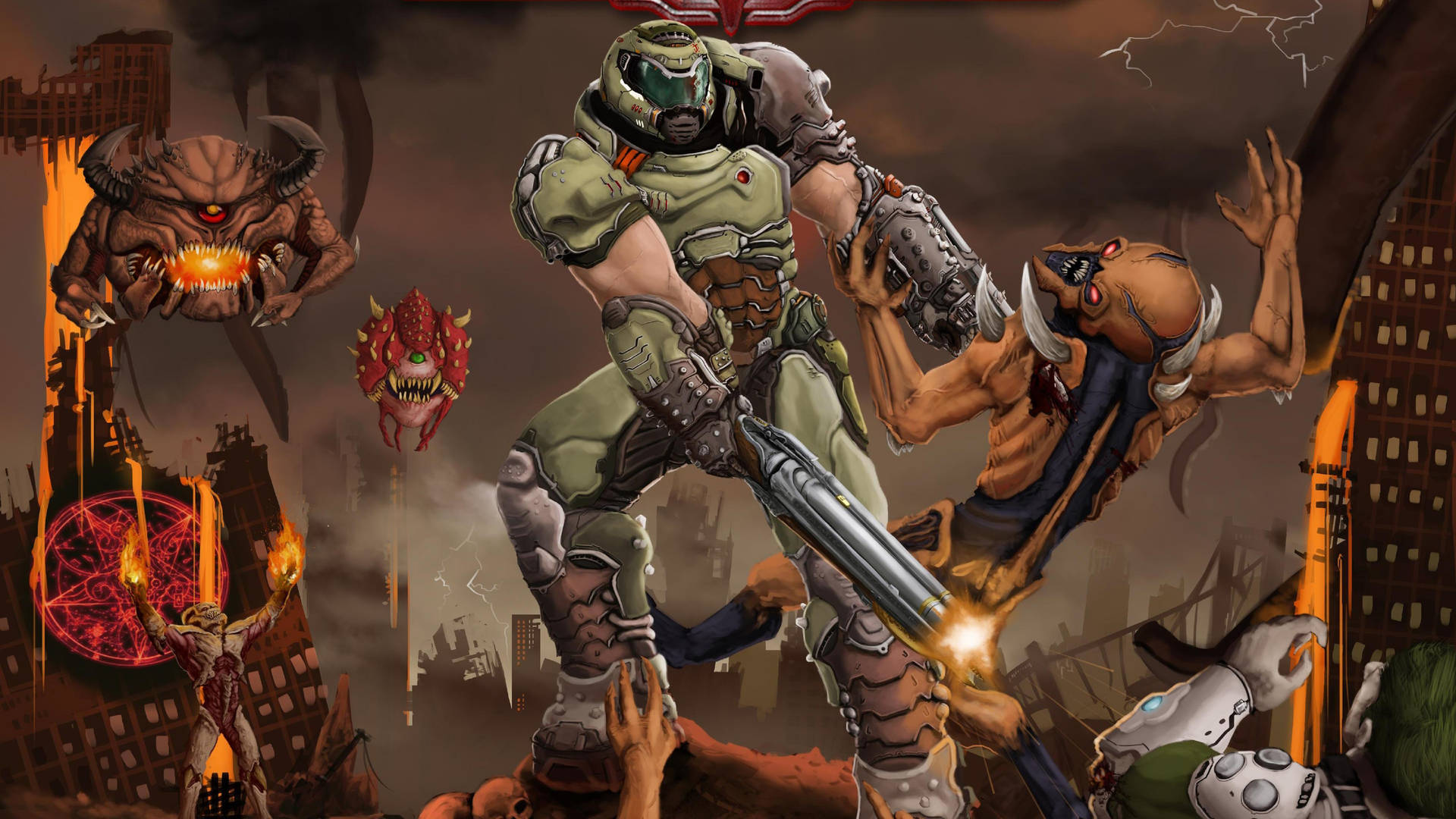 Doomguy In Action - Classic Video Game Cover Art Background