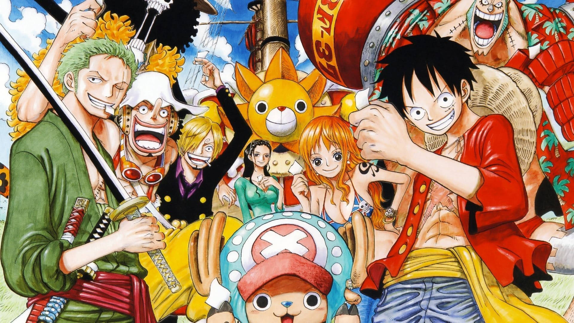 Dope Anime Straw Hat Crew And Sunny Background